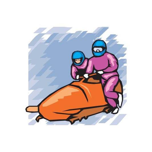Bobsled team sticker with two racers in pink suits, blue helmets, and an orange sled