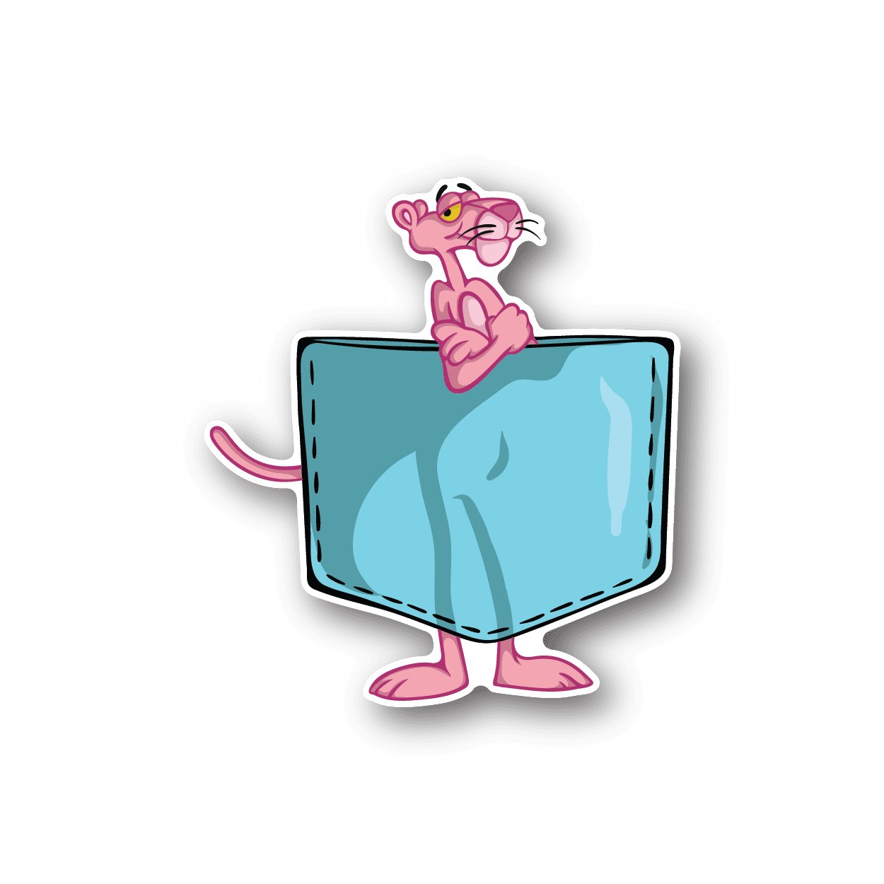 Pink cat vinyl sticker peeking from a teal pocket