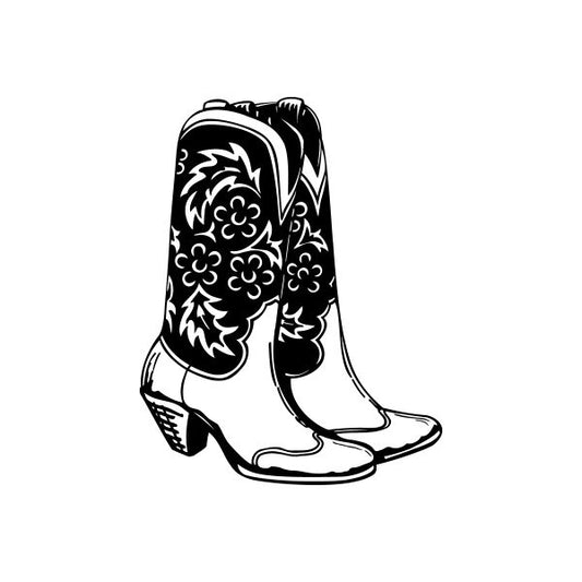 Cowboy boot vinyl decal sticker with decorative pinstripe and floral-style details