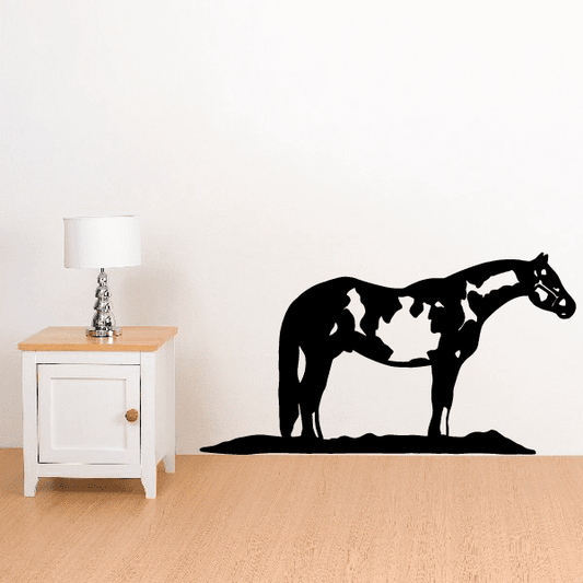 Pinto horse decal featuring a black and white standing horse silhouette.