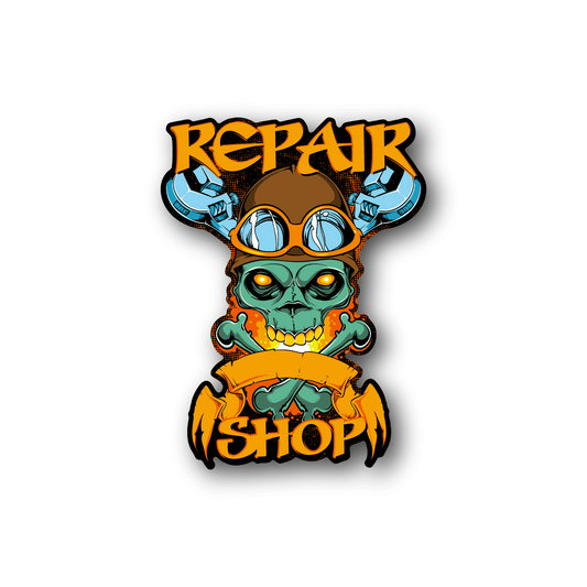 Skull vinyl sticker with aviator goggles and Repair Shop lettering