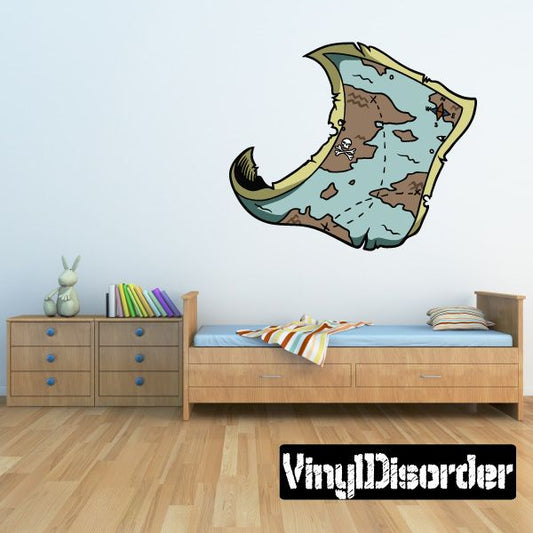 Pirate map sticker shaped like a boot, with beige islands and dashed routes