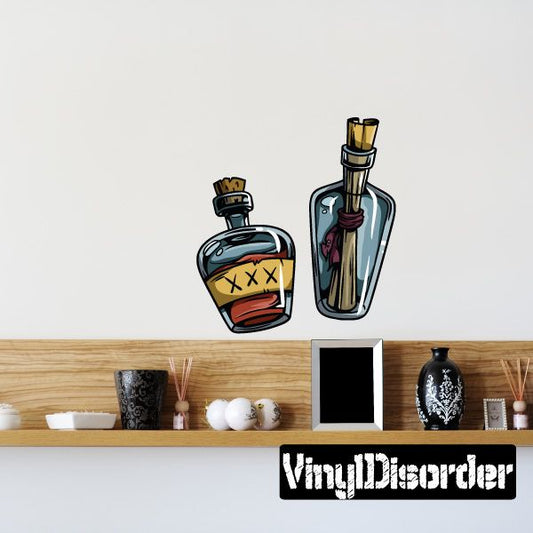 Pirate message in a bottle sticker with two blue glass bottles and pirate marks