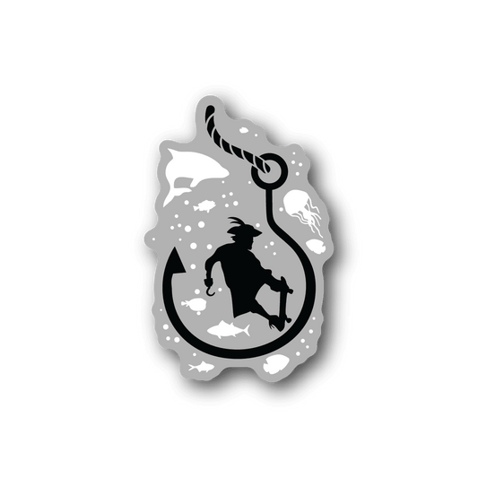 Pirate vinyl sticker with black-and-white silhouette holding a sword in an oval