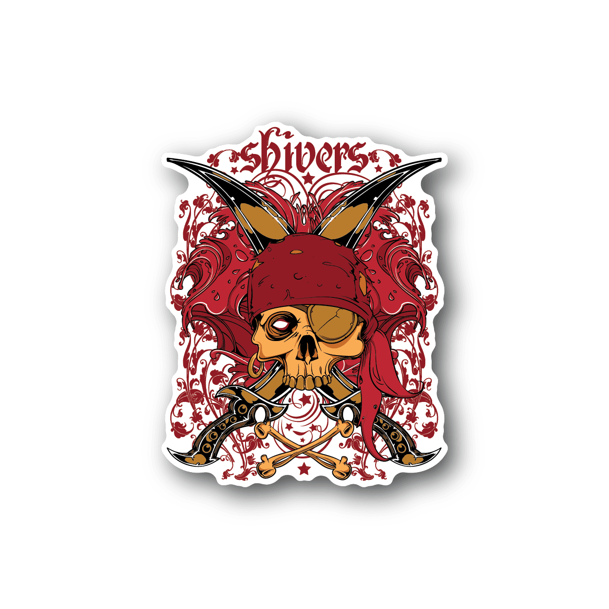 Pirate skull vinyl sticker with red ornamental wings and black hat, skull face center