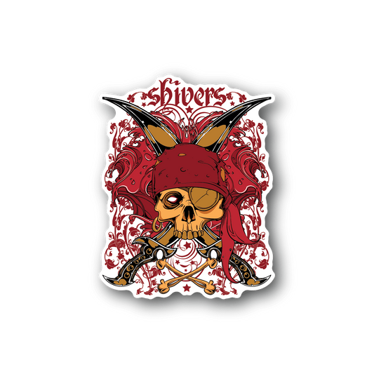 Pirate skull vinyl sticker with red ornamental wings and black hat, skull face center