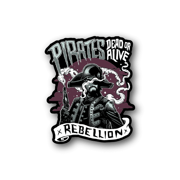 Pirate vinyl sticker: skull in tricorn, 'DEAD OR ALIVE' and 'REBELLION'.