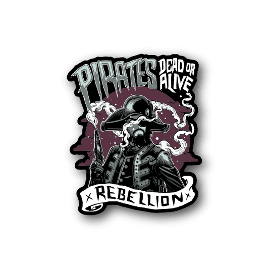 Pirate vinyl sticker: skull in tricorn, 'DEAD OR ALIVE' and 'REBELLION'.