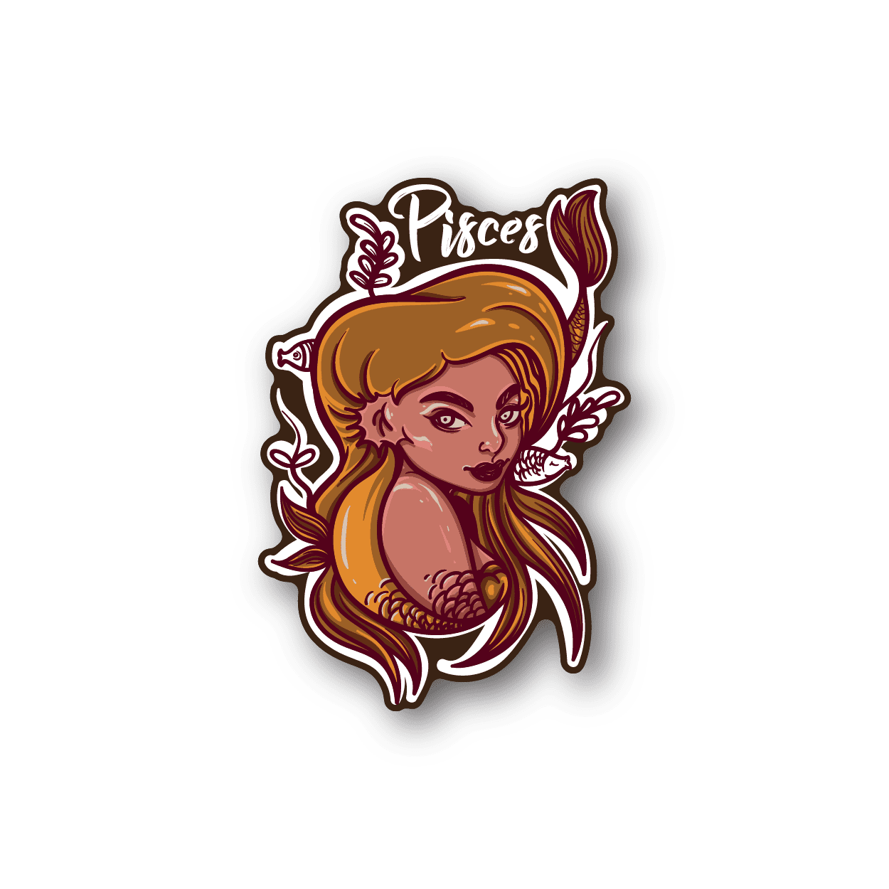 Pisces zodiac vinyl sticker with mermaid-like face and shell, purple and gold