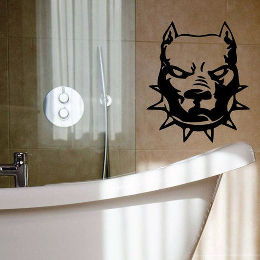 Pit bull with spike collar decal, black design on glass surface