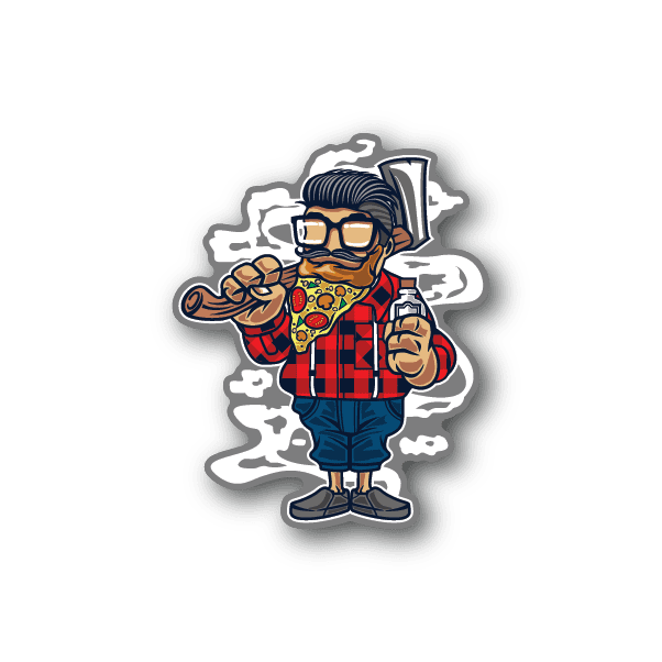 Vinyl sticker of hipster man with glasses holding pizza slice, plaid shirt, beard