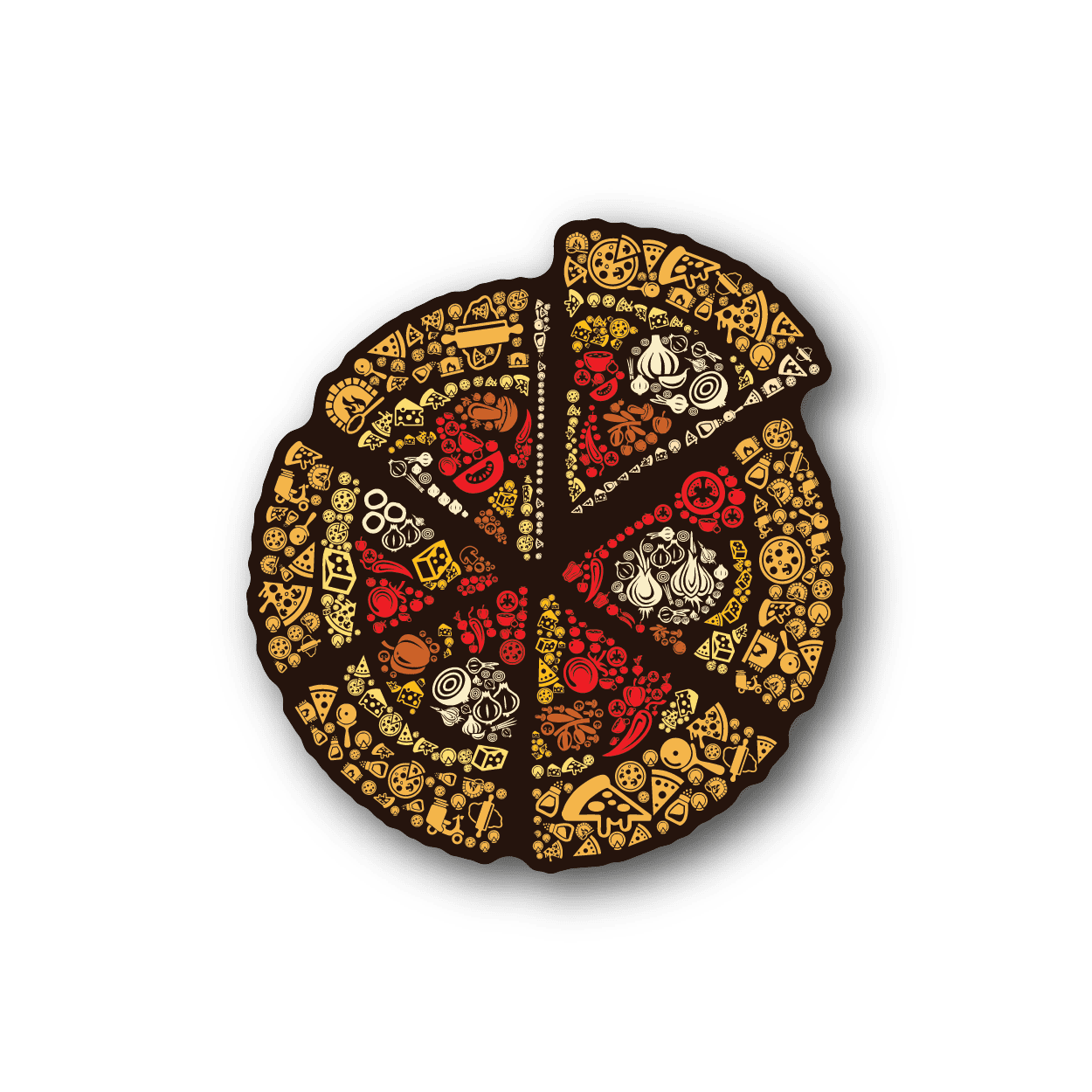 Pizza collage vinyl sticker, round slice design with colorful food icons