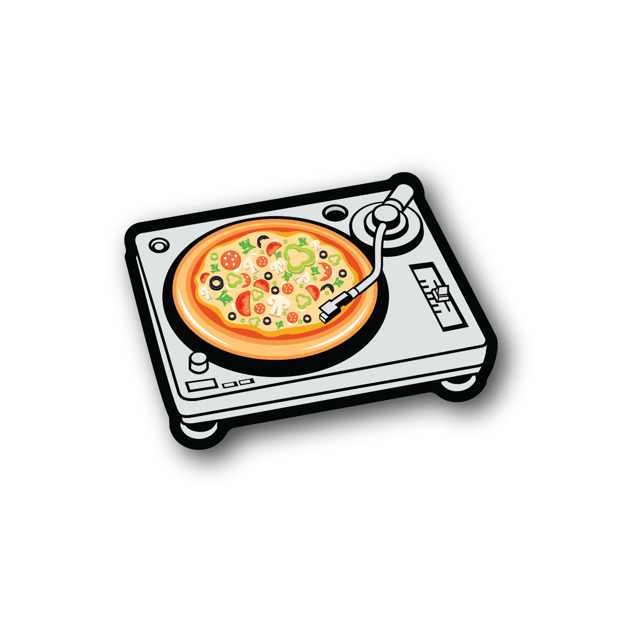 DJ pizza vinyl sticker with turntable, toppings, and headphones graphic
