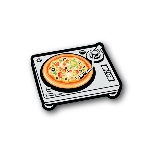 DJ pizza vinyl sticker with turntable, toppings, and headphones graphic
