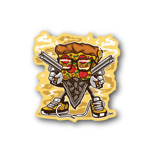 Pizza gangster vinyl sticker with masked face, hat, lightning, and two pistols