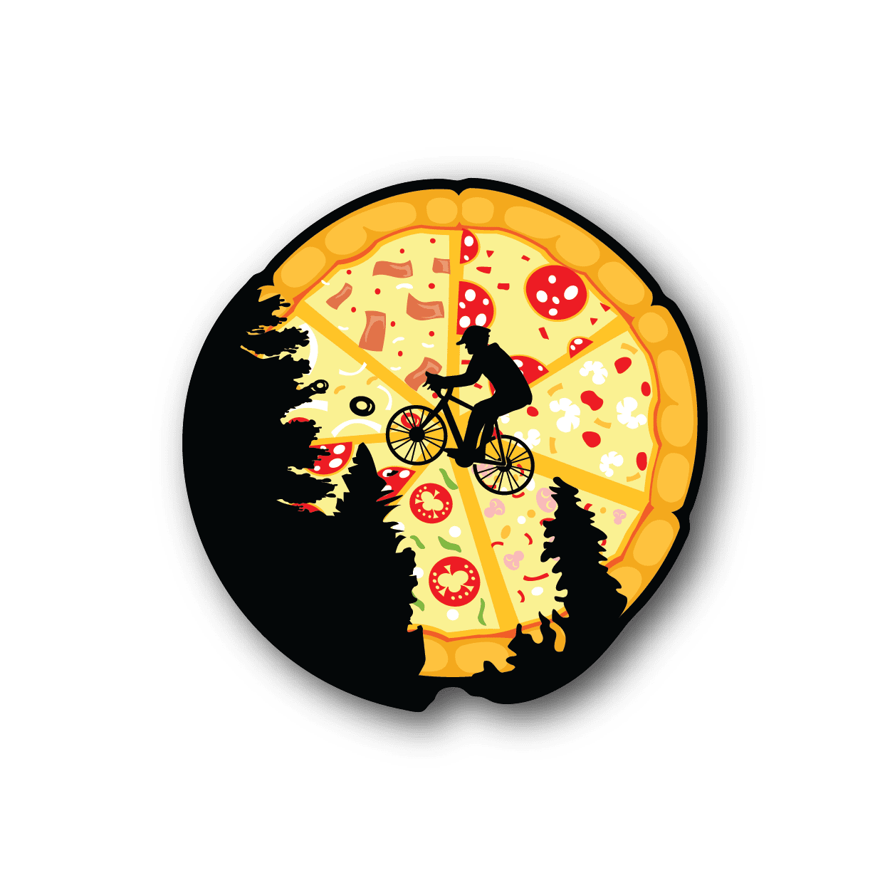 Circular pizza-moon bicycle vinyl sticker with rider silhouette and decorative toppings