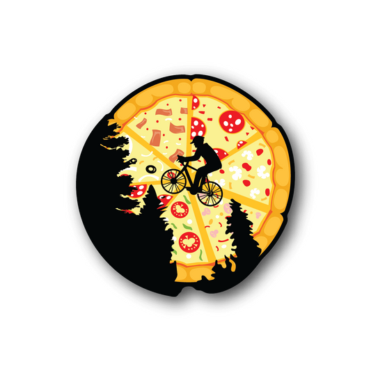 Circular pizza-moon bicycle vinyl sticker with rider silhouette and decorative toppings