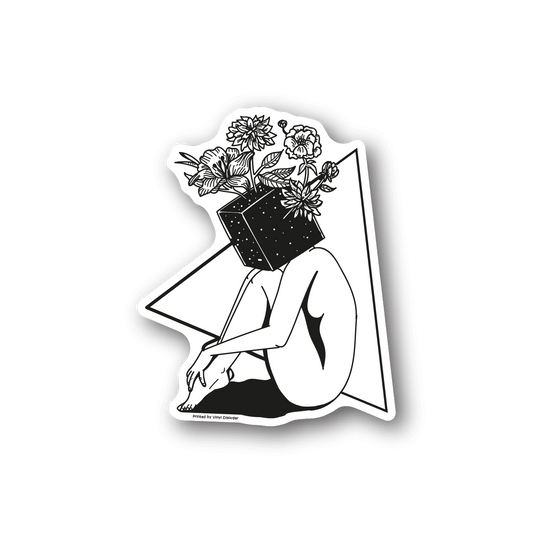 Plant head girl vinyl sticker with flowers and leafy pot, black outline