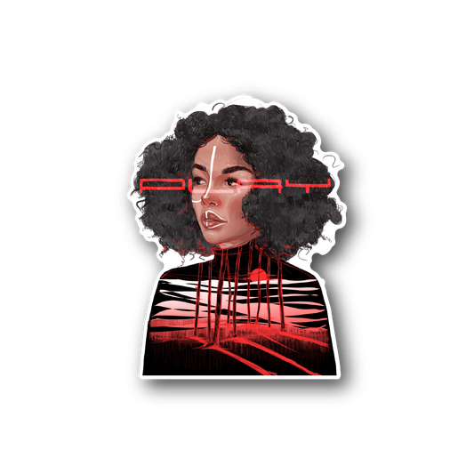 Vinyl sticker of a woman with curly black afro hair and red graphic lines