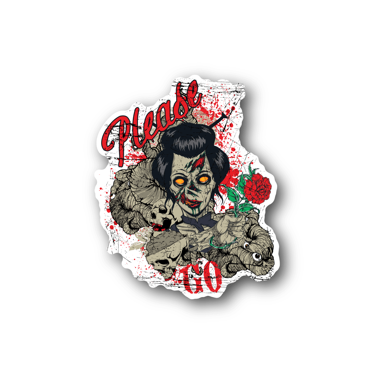 Vinyl sticker with colorful zombie character illustration and splatter border