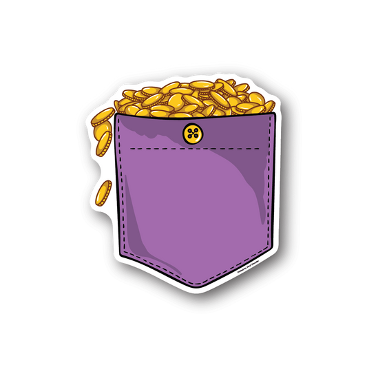 Vinyl sticker of purple money pocket filled with gold coins
