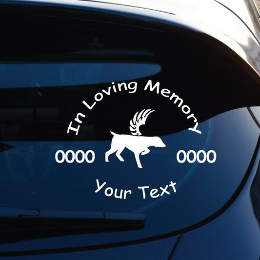 In Loving Memory decal with wings, pointer dog silhouette, and space for your text