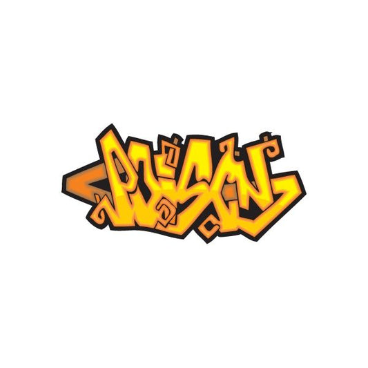Graffiti printed decal with orange and yellow stylized letters and black outline