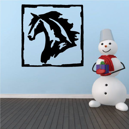 Jagged square horse head decal with black silhouette on light background