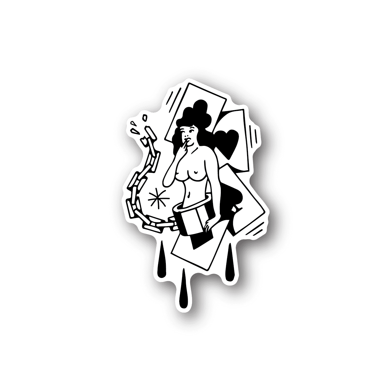 Poker girl vinyl sticker, white silhouette holding playing cards and chips