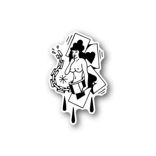 Poker girl vinyl sticker, white silhouette holding playing cards and chips