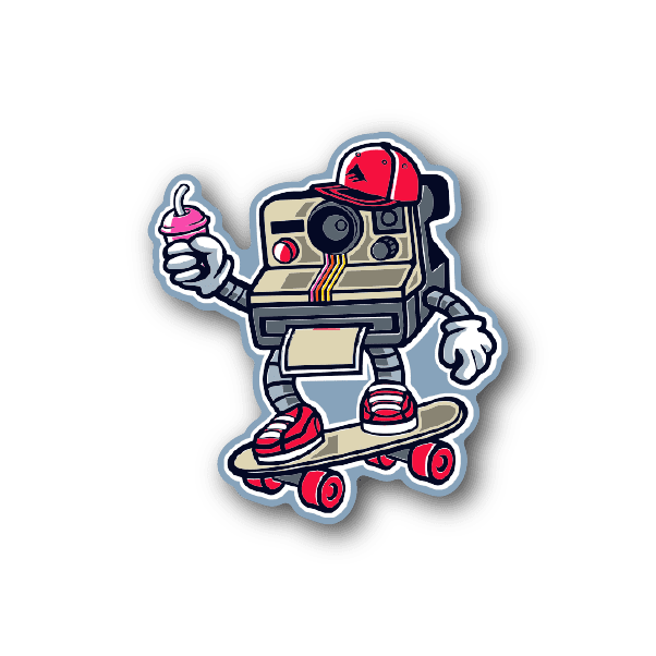 Colorful vinyl sticker of a robot astronaut skateboarding with red sneakers