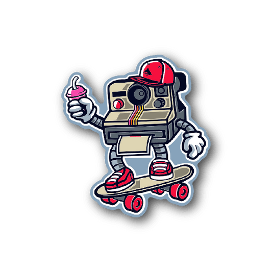 Colorful vinyl sticker of a robot astronaut skateboarding with red sneakers