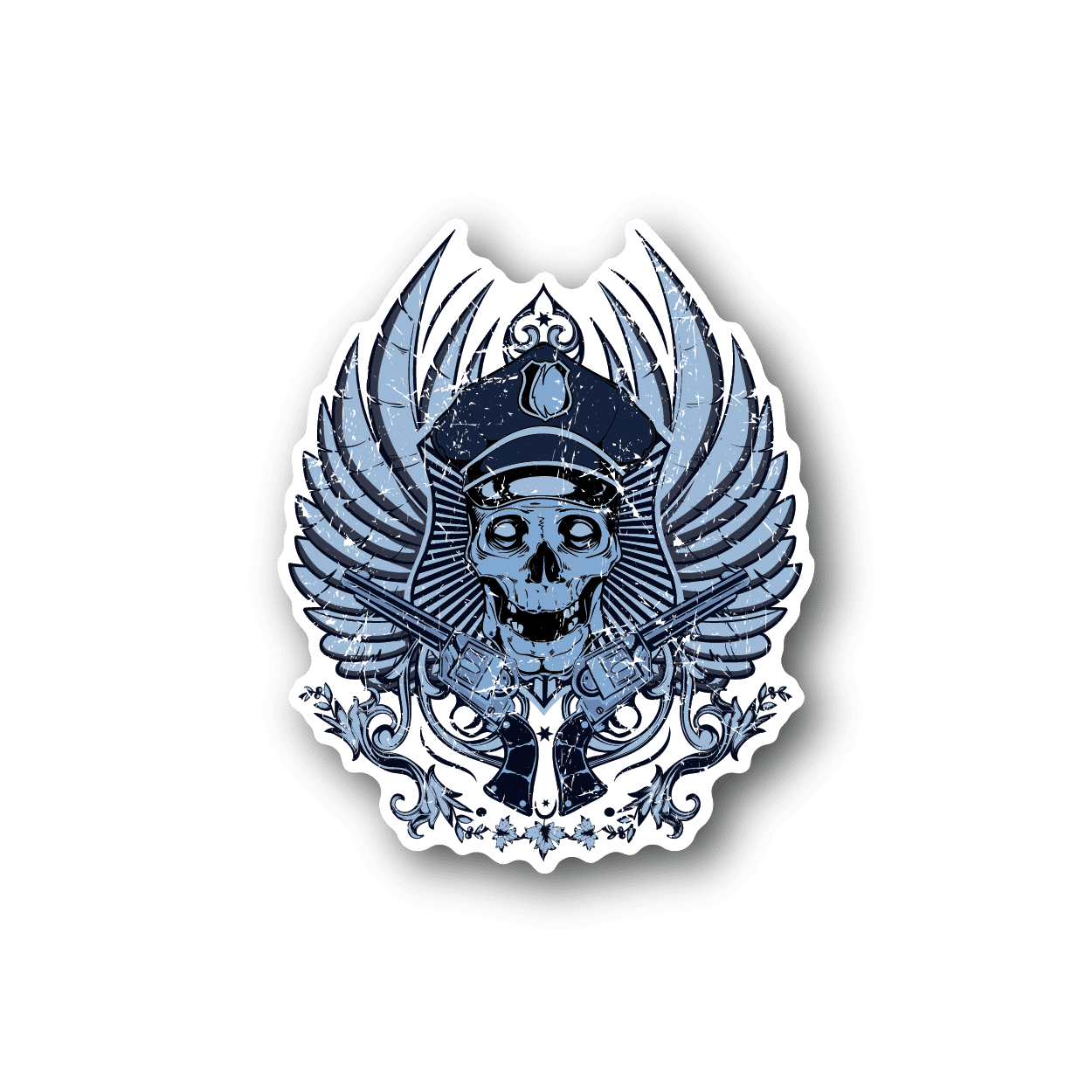 Vinyl skull sticker with blue police-style cap and spread wings