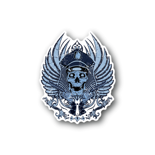 Vinyl skull sticker with blue police-style cap and spread wings