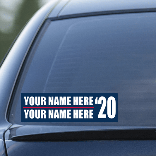Blue double-stack car election sticker with 'YOUR NAME HERE' and '20'.