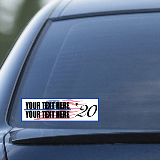 Political election flag sticker with blue border, 'YOUR TEXT HERE' and '20' on car window