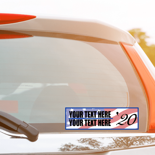 Blue election car window sticker: 'YOUR TEXT HERE' and '20'