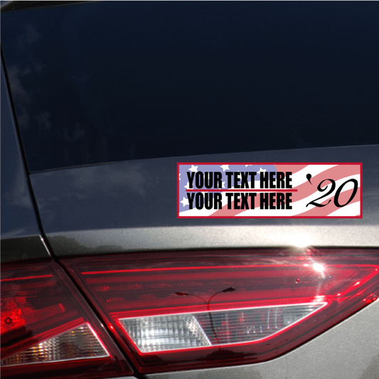 Red bumper sticker with white text boxes 'YOUR TEXT HERE' and large pink '20'