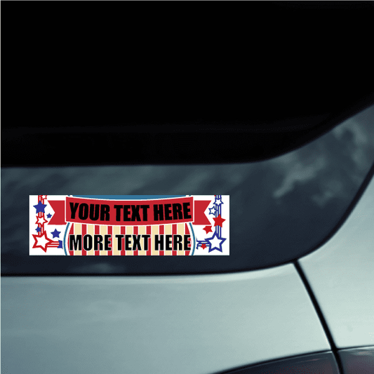 Election sticker with red, white, and blue stars and banner with text