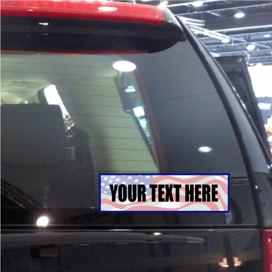 Car window sticker with blue star border and "YOUR TEXT HERE"
