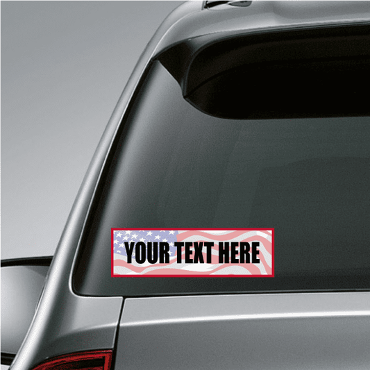 Red-bordered rectangular sticker with 'YOUR TEXT HERE' text on window glass