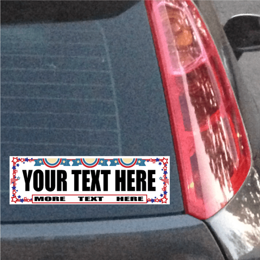 Stars-and-stripes rectangular bumper sticker with blue bands and red stars, 'YOUR TEXT HERE'