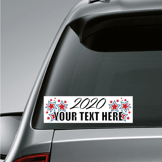 Election star bumper sticker with 2020, red/blue stars, and 'Your Text Here' space
