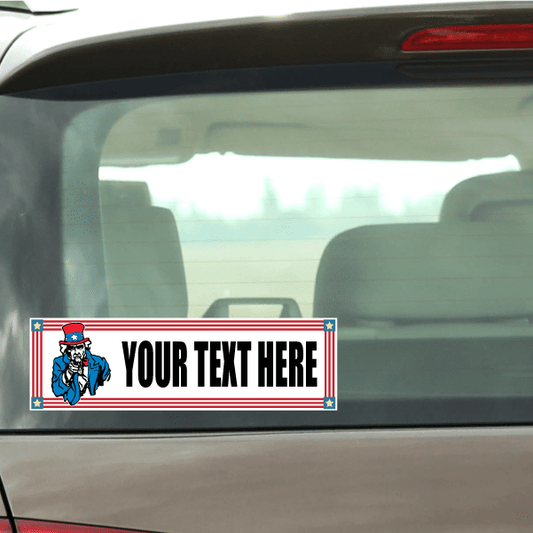 Political election sticker with Uncle Sam, stars, red border, and 'YOUR TEXT HERE'.