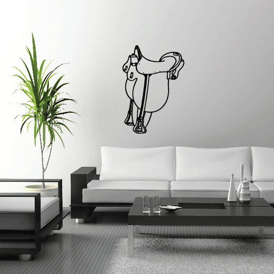 Horse saddle decal, black line-art horse with saddle outline on light surface