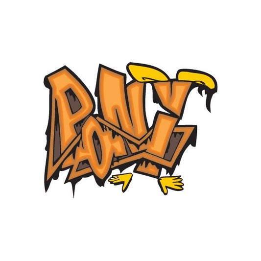 Graffiti sticker with orange and yellow stylized lettering on black outline