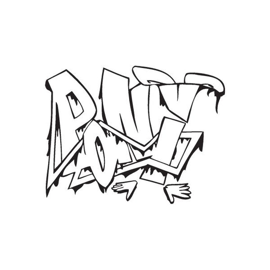 Graffiti-style pony decal with black outlines and white fill
