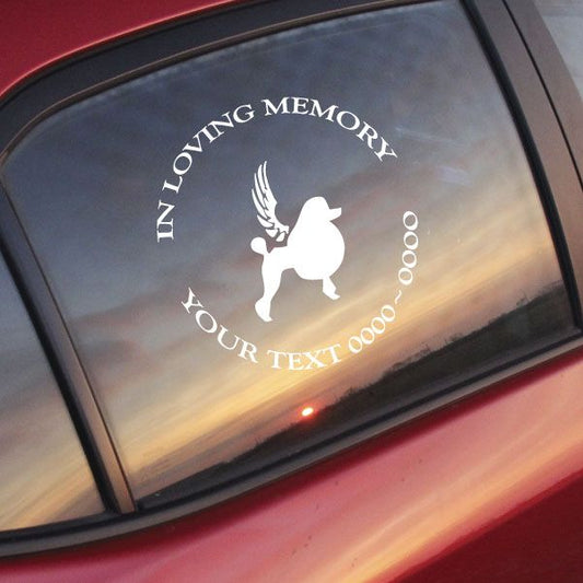 Memorial poodle with wings car window decal with 'IN LOVING MEMORY' lettering