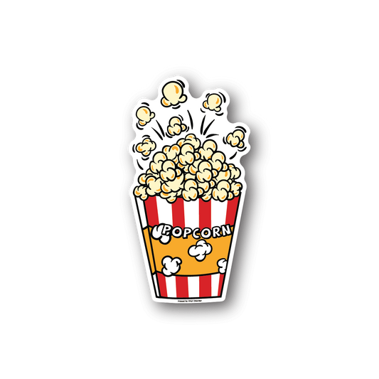 Popcorn vinyl sticker showing a popcorn bucket with yellow kernels and red stripes