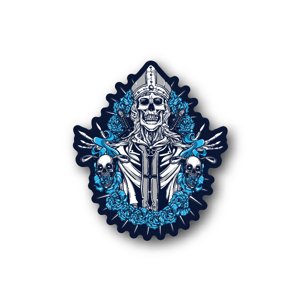 Vinyl sticker with skull pope grim reaper and blue flame halo wreath